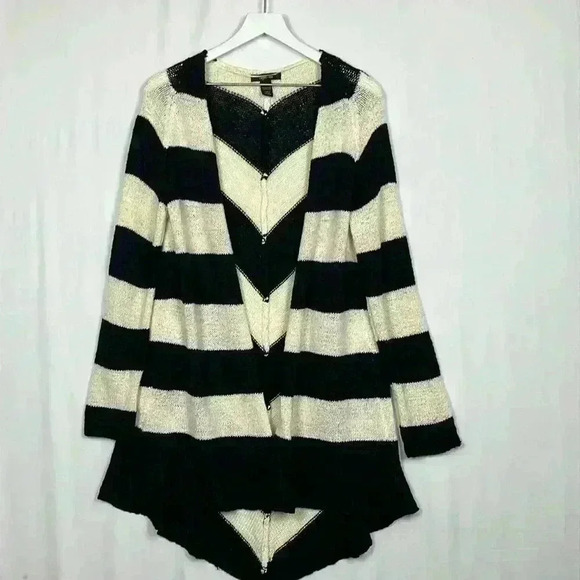 Style & Co Womens Cardigan Black/White M Open Front Long Line Long Back Hem EUC - Picture 1 of 8